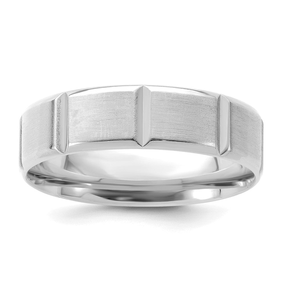 14k White Gold 6mm Lightweight Comfort Fit Brushed/Polished Beveled Edge with Vertical Lines Wedding Band