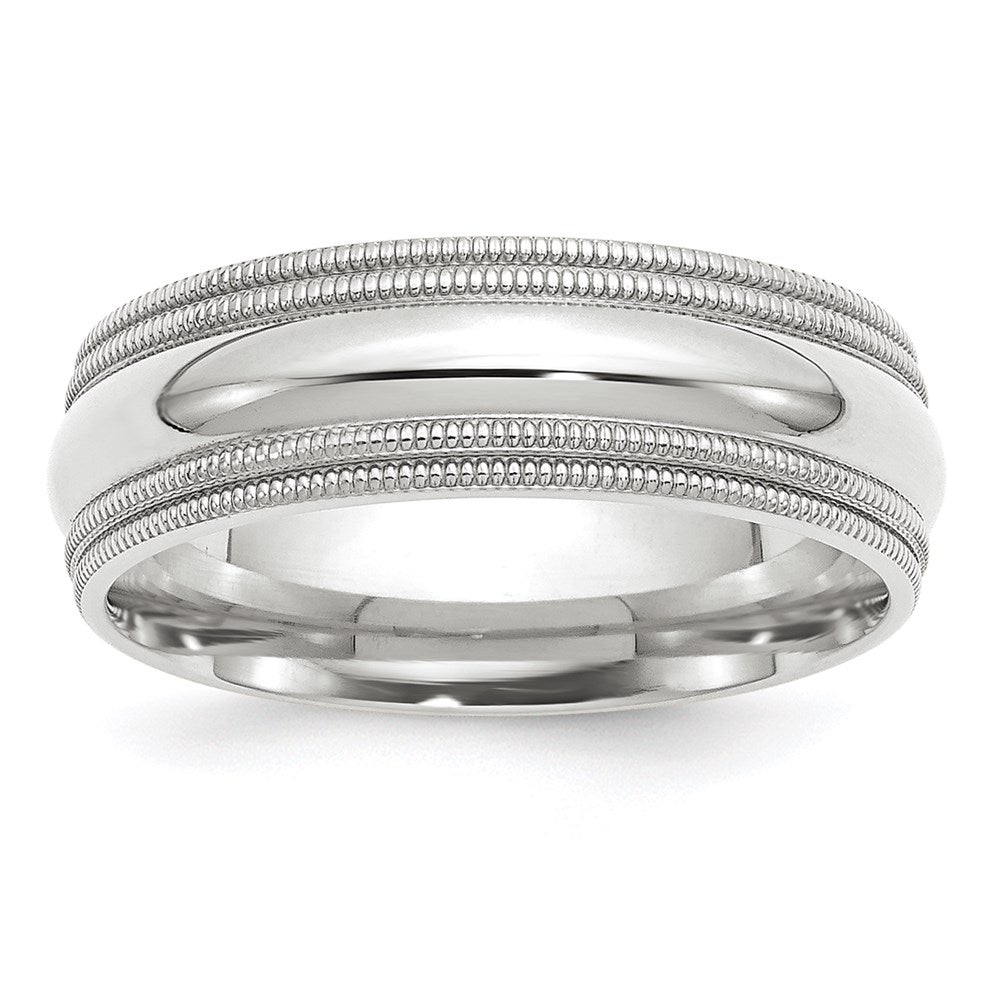 14k White Gold 7mm Double Milgrain Comfort Fit Wedding Band 