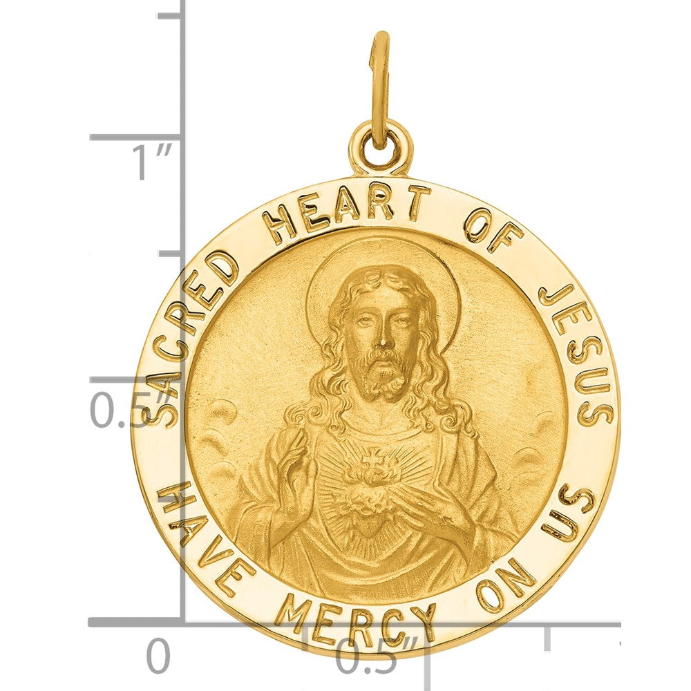 14k Polished and Satin Large Solid Sacred Heart of Jesus Medal Round Pendant
