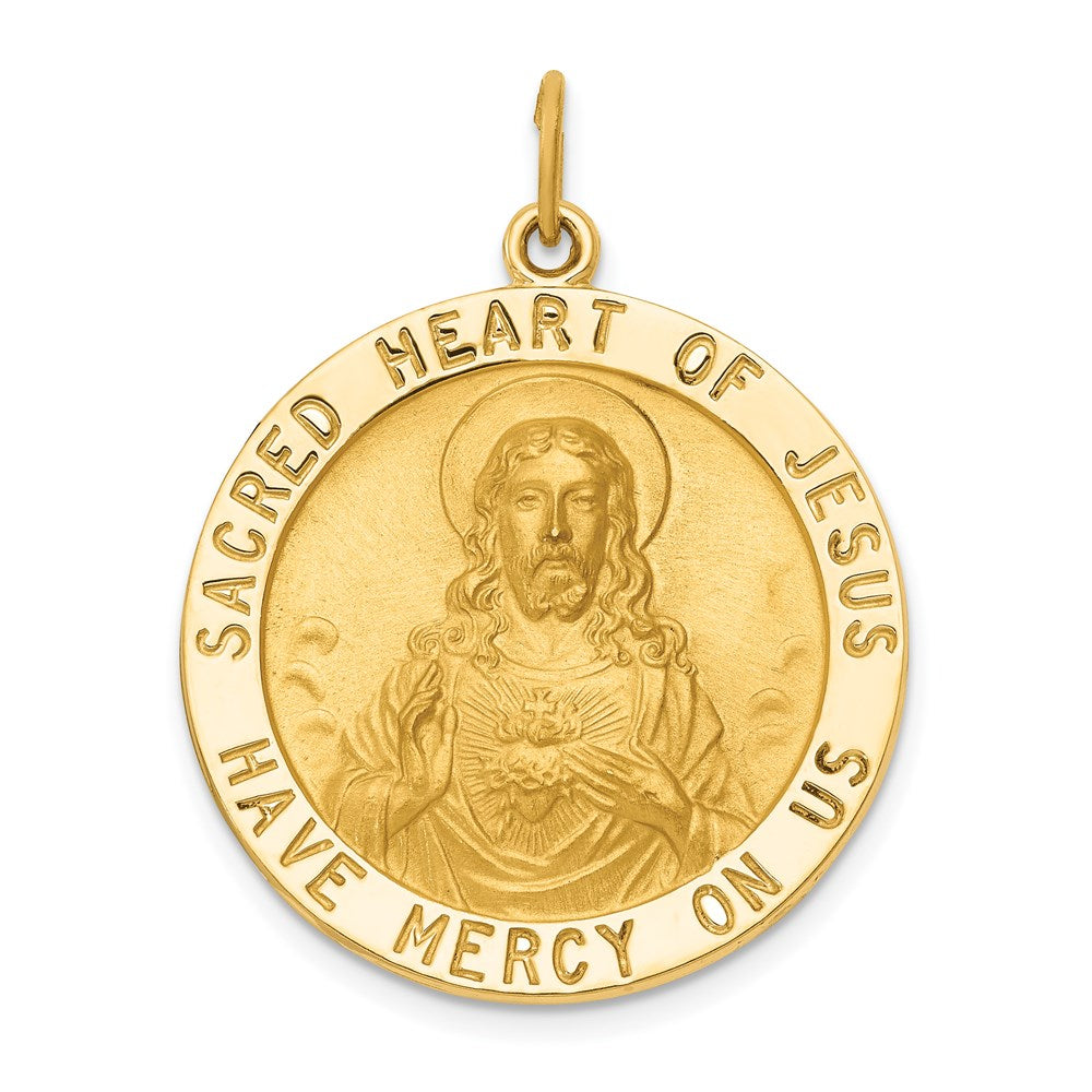 14k Polished and Satin Large Solid Sacred Heart of Jesus Medal Round Pendant