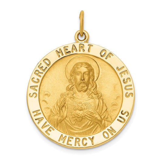 14k Polished and Satin Large Solid Sacred Heart of Jesus Medal Round Pendant