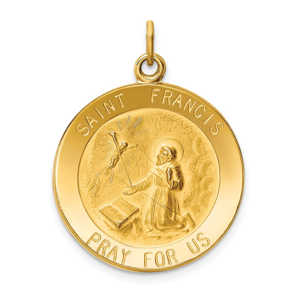 14k Polished and Satin Solid St Francis Medal Round Pendant