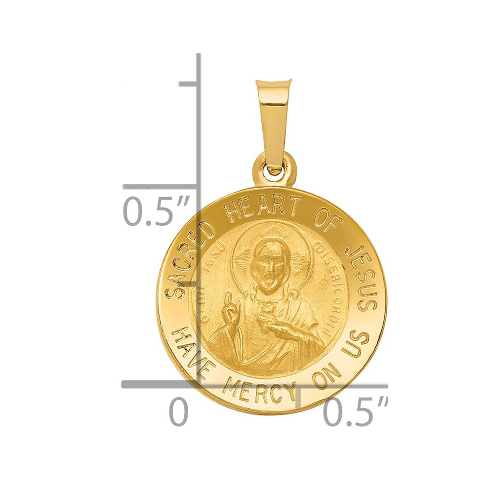 14k Polished and Satin Hollow Sacred Heart of Jesus Medal Round Pendant