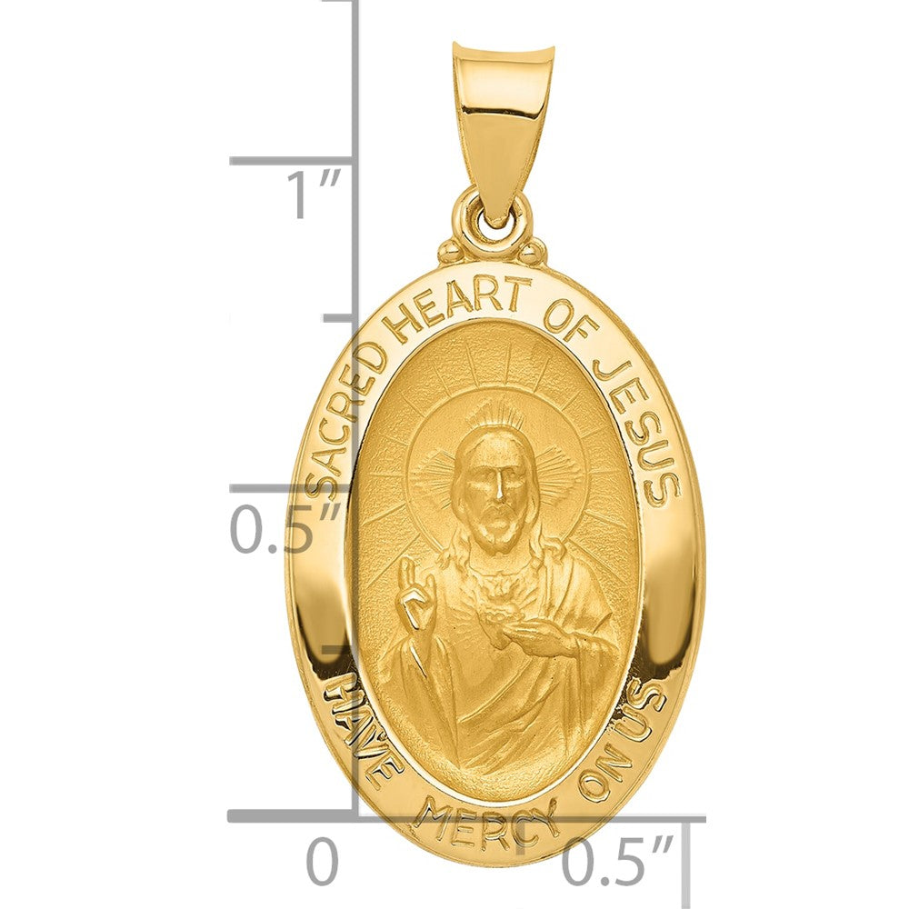 14k Polished and Satin Hollow Sacred Heart of Jesus Medal Oval Pendant