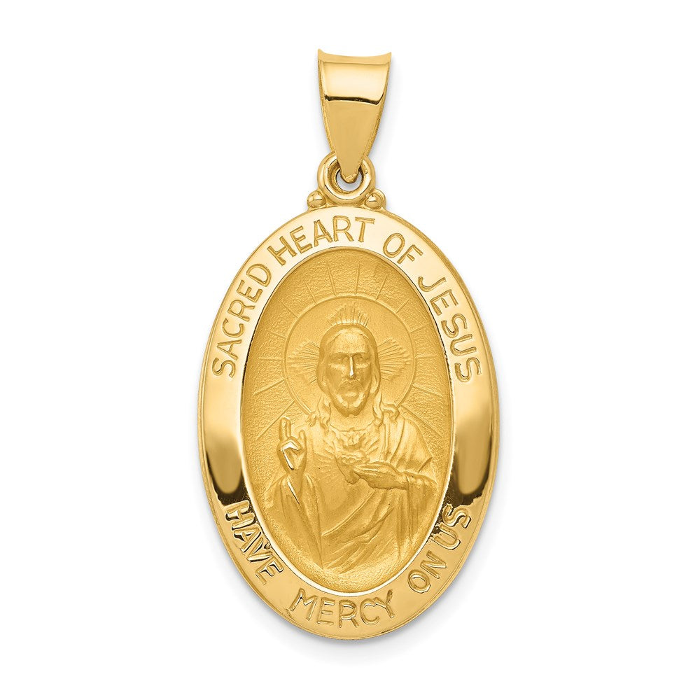 14k Polished and Satin Hollow Sacred Heart of Jesus Medal Oval Pendant