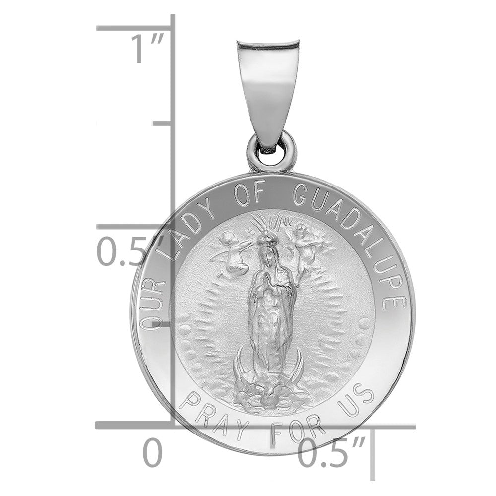 14K White Gold Polished and Satin Hollow Our Lady of Guadalupe Medal Round Pendant