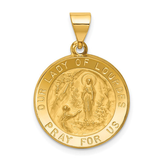 14k Polished and Satin Hollow Our Lady of Lourdes Medal Round Pendant