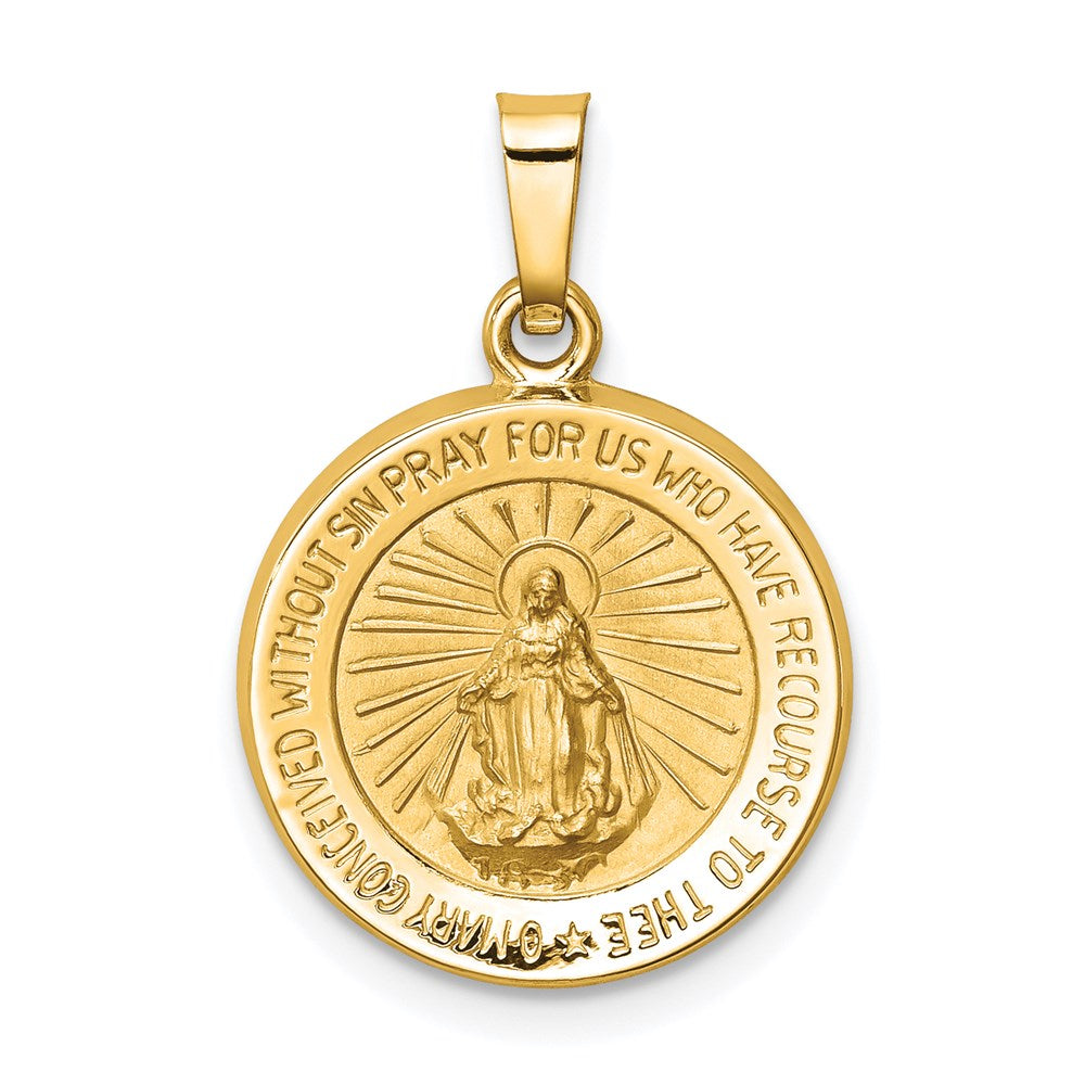 14k Polished and Satin Hollow Miraculous Medal Round Pendant