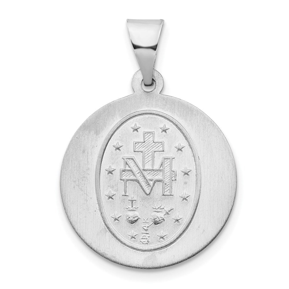 14k White Gold Polished and Satin Hollow Miraculous Medal Round Pendant