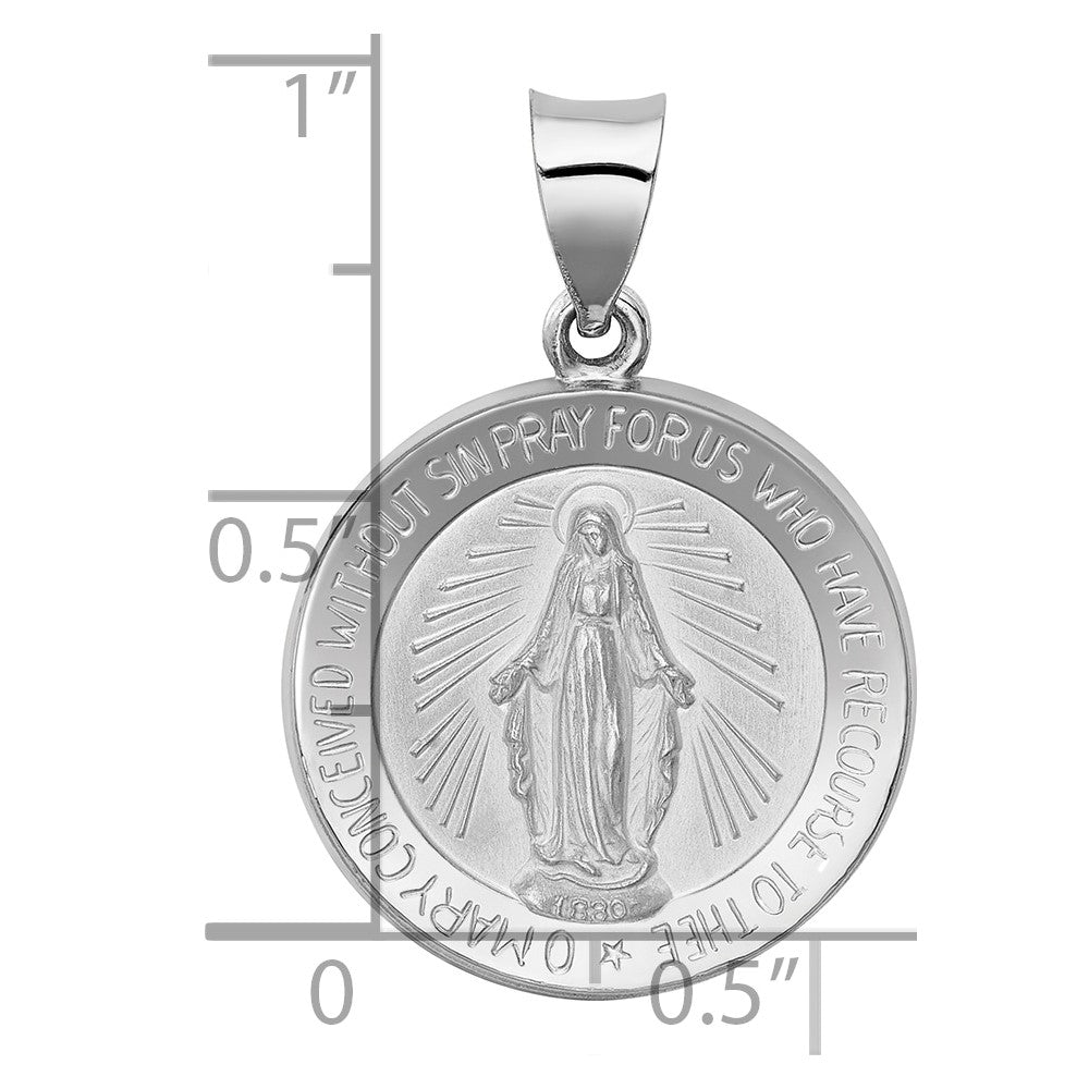 14k White Gold Polished and Satin Hollow Miraculous Medal Round Pendant