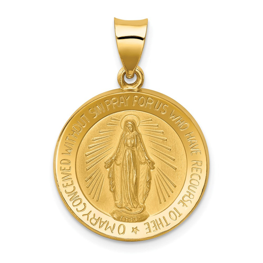 14k Polished and Satin Hollow Miraculous Medal Round Pendant