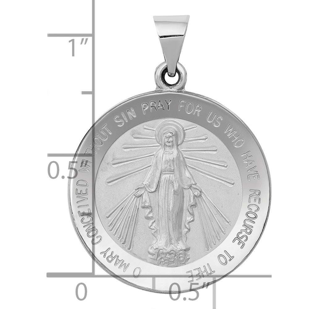 14k White Gold Polished and Satin Hollow Miraculous Medal Round Pendant