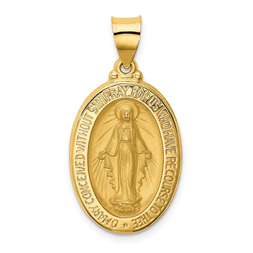 14k Polished and Satin Hollow Miraculous Medal Oval Pendant