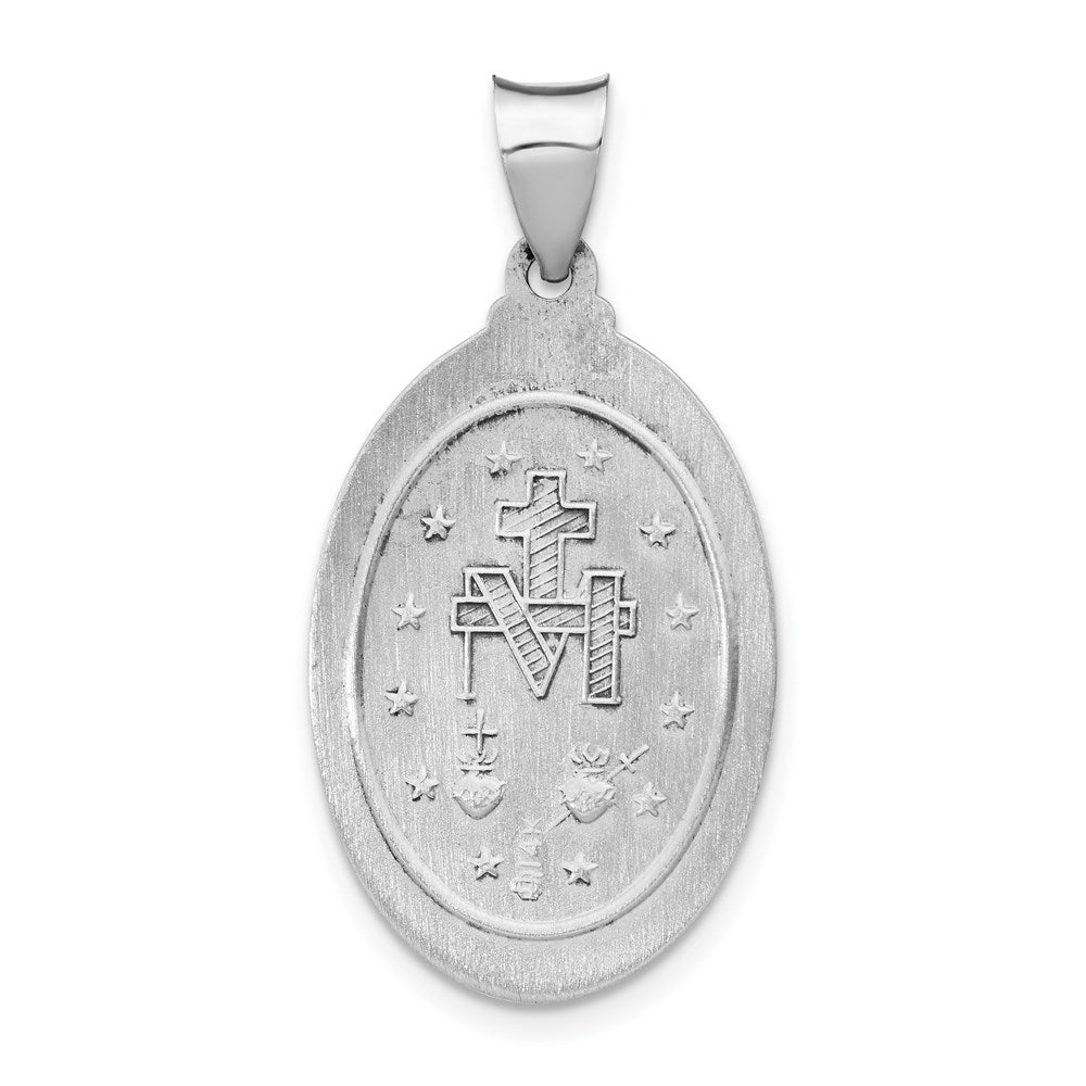 14k White Gold Polished and Satin Hollow Miraculous Medal Oval Pendant