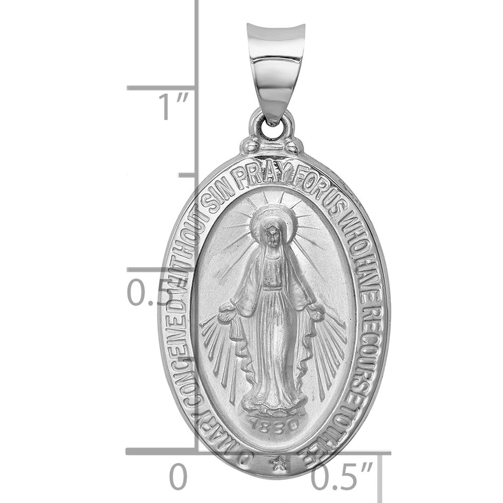 14k White Gold Polished and Satin Hollow Miraculous Medal Oval Pendant