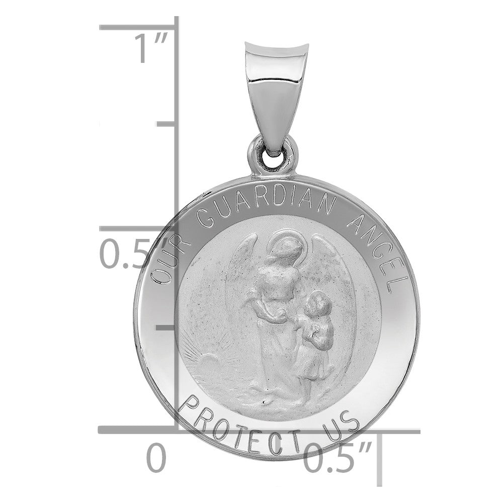 14K White Gold Polished and Satin Hollow Our Guardian Angel Medal Charm