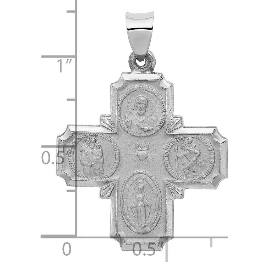 14k White Gold Polished and Satin Hollow Four-Way Religious Medal Pendant