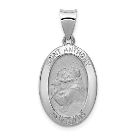 14k White Gold Polished and Satin Hollow St. Anthony Medal Oval Pendant