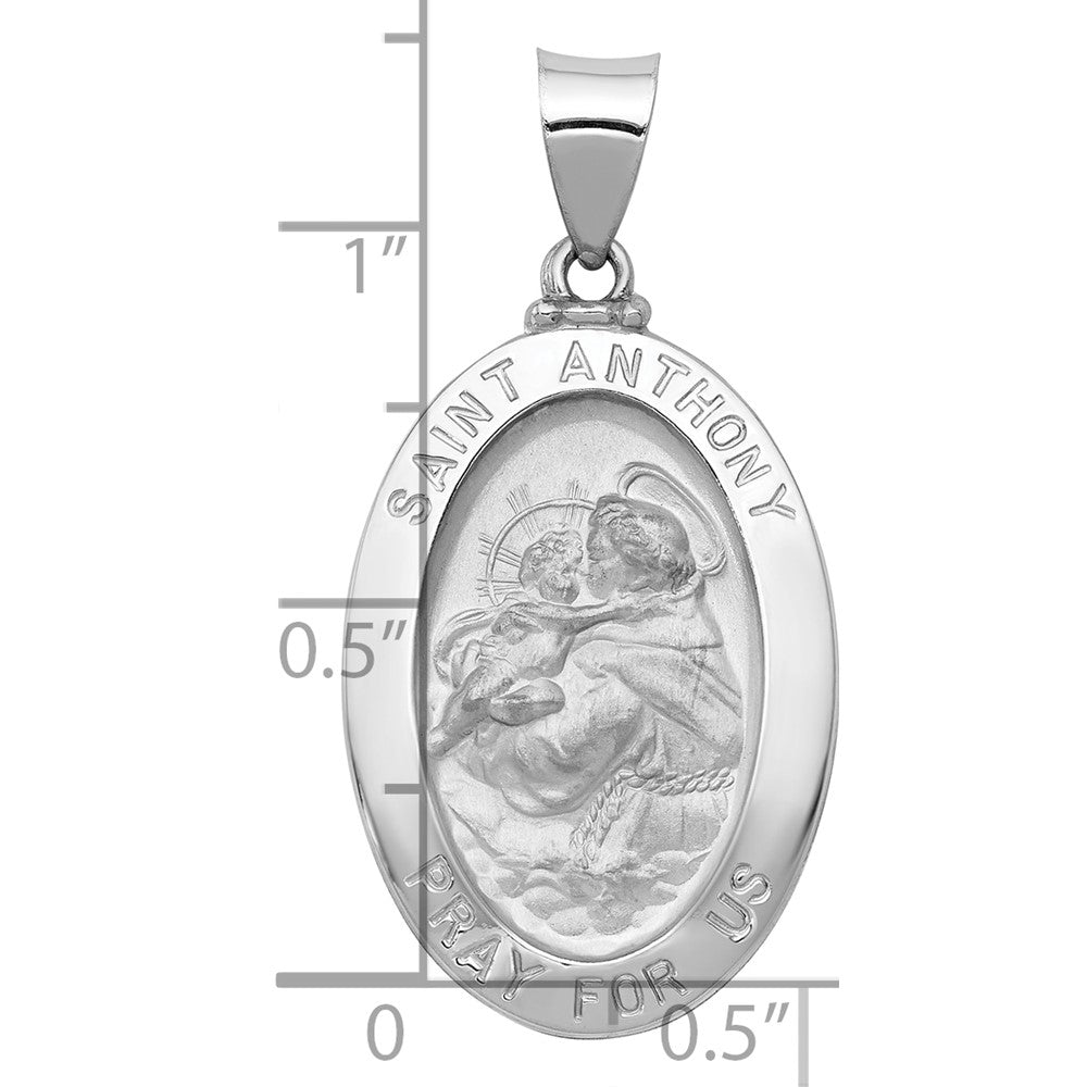 14k White Gold Polished and Satin Hollow St. Anthony Medal Oval Pendant