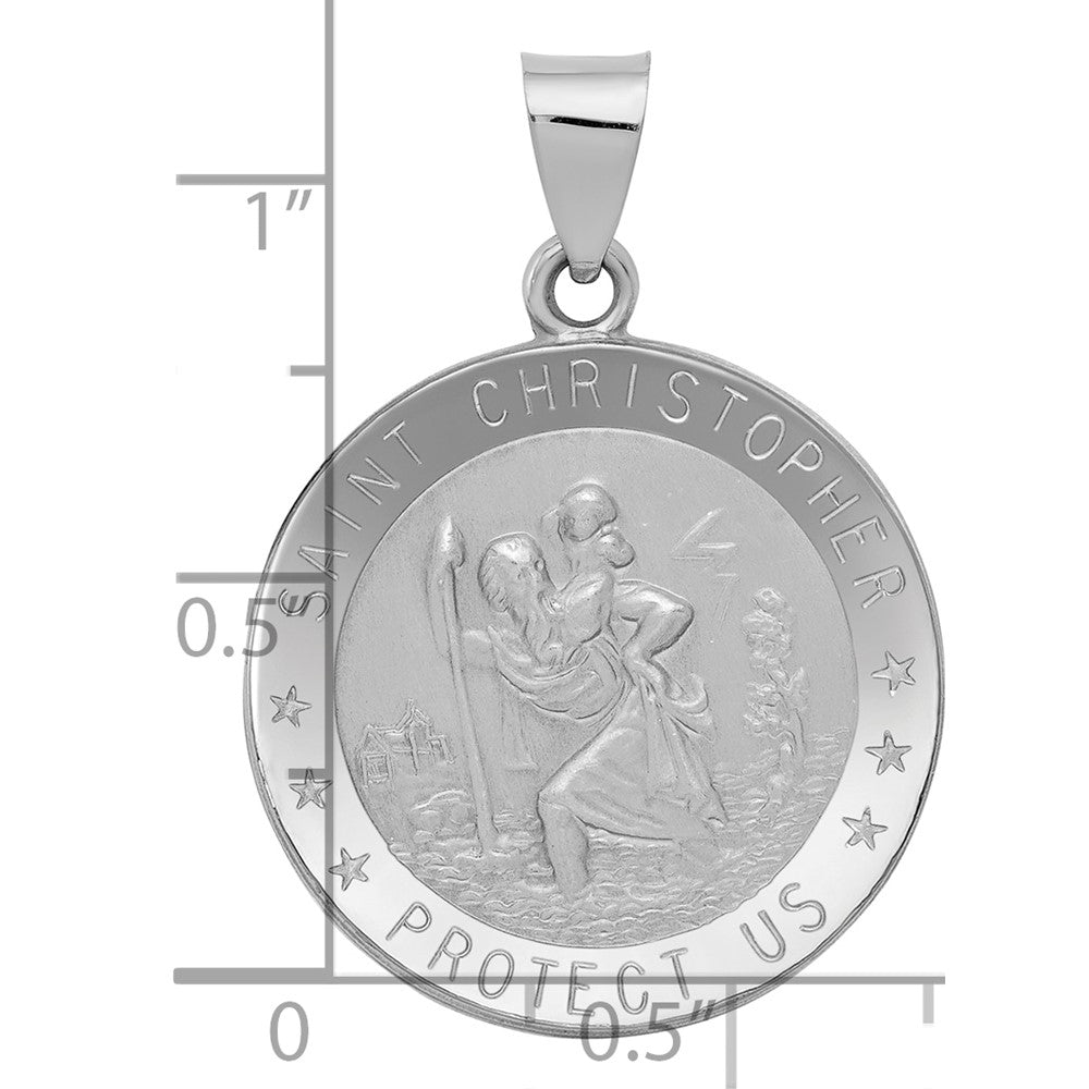 14k White Gold Polished and Satin Hollow Saint Christopher Medal Round Pendant
