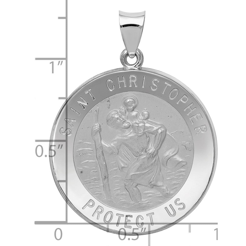 14k White Gold Polished and Satin Hollow Saint Christopher Medal Round Pendant