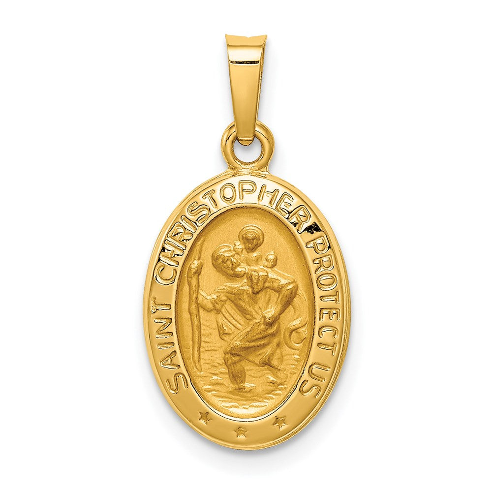 14k Polished and Satin Hollow St. Christopher Medal Oval Pendant
