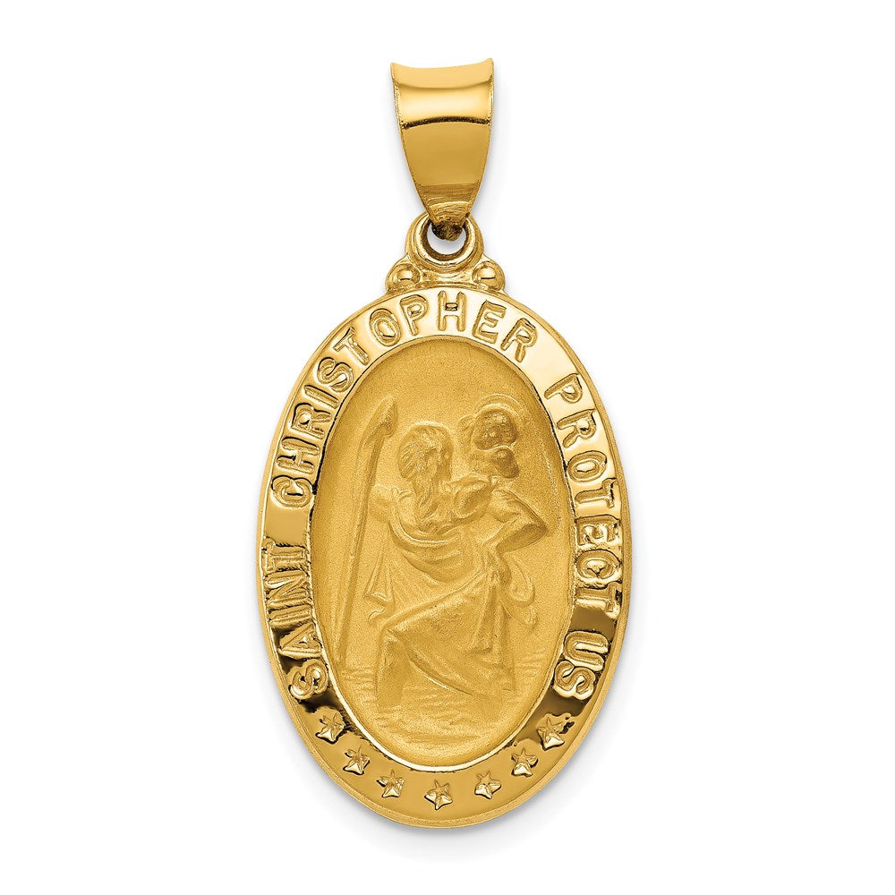 14k Polished and Satin Hollow St. Christopher Medal Oval Pendant