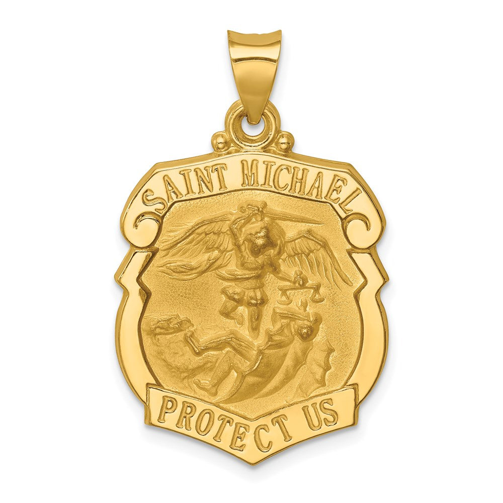 14k Polished and Satin Hollow Large St. Michael Medal Badge Pendant