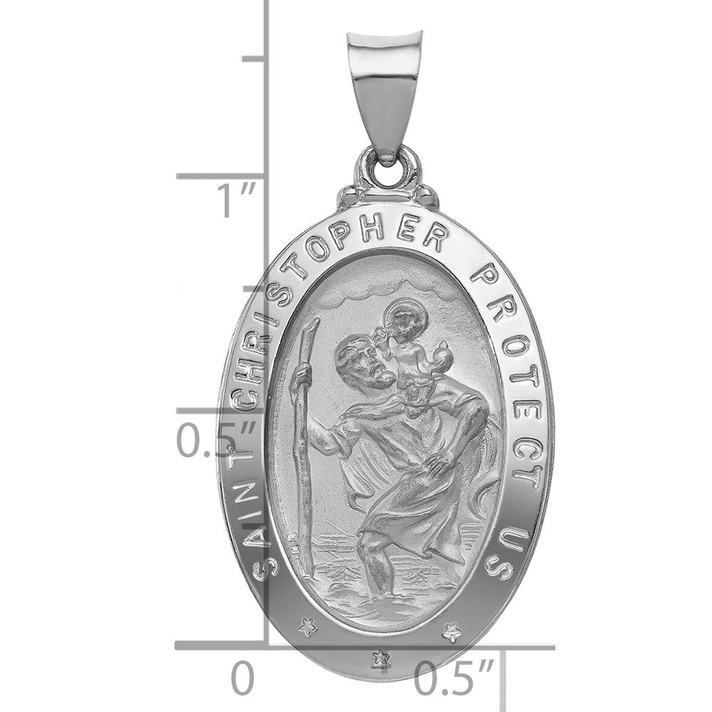 14k White Gold Polished and Satin Hollow St Christopher Medal Oval Pendant