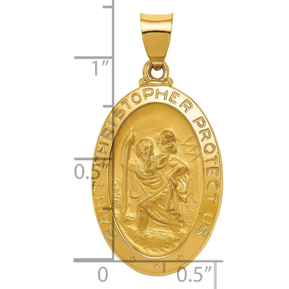 14k Polished and Satin Hollow St Christopher Medal Oval Pendant