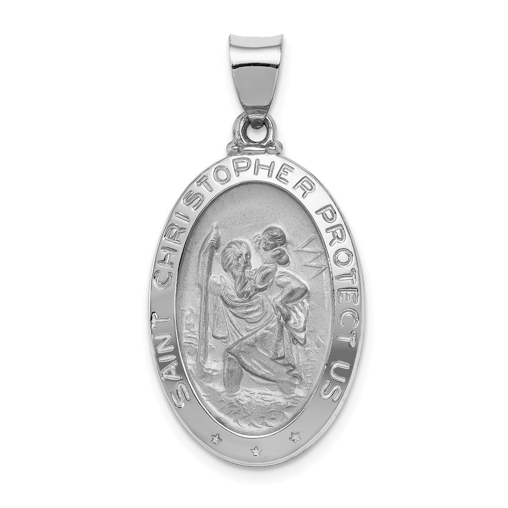 14k White Gold Polished and Satin Hollow St Christopher Medal Oval Pendant