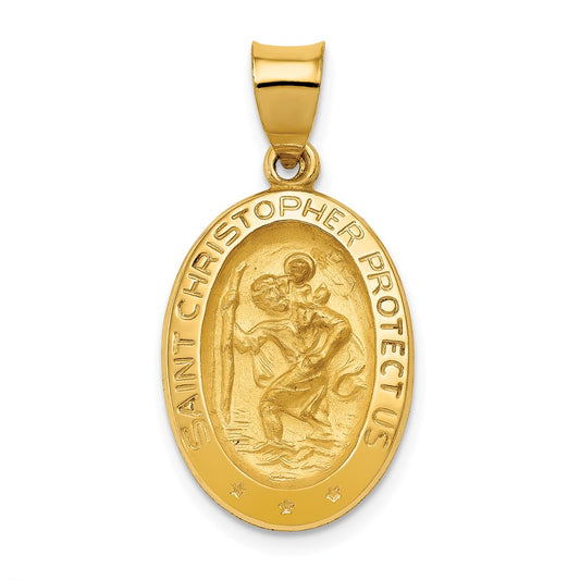 14k Polished and Satin Hollow St Christopher Medal Oval Pendant