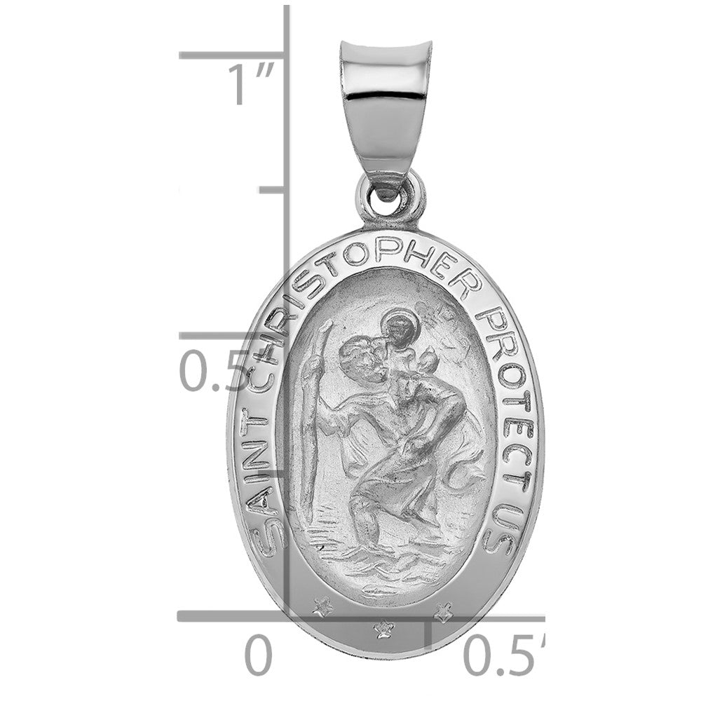 14k White Gold Polished and Satin Hollow St Christopher Medal Oval Pendant