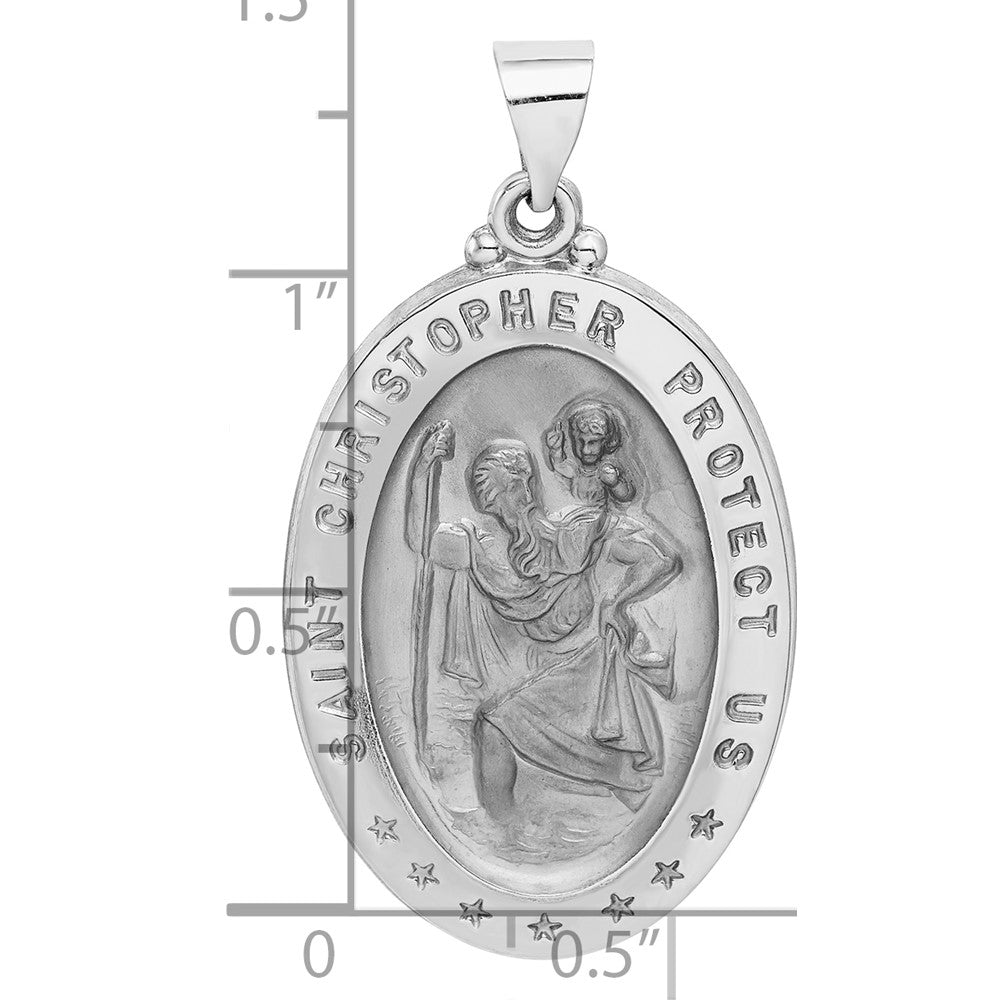14k White Gold Polished and Satin Hollow Saint Christopher Medal Oval Pendant