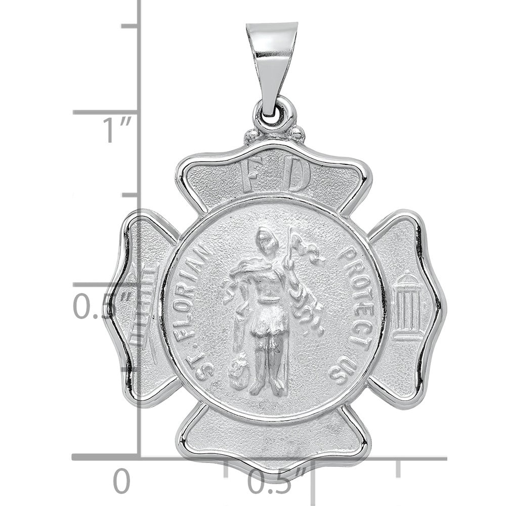 14k White Gold Polished and Satin Hollow St Florian Badge F.D. Medal Pendant