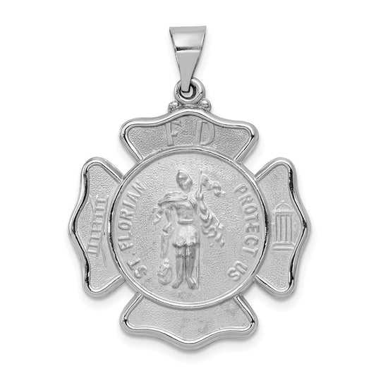 14k White Gold Polished and Satin Hollow St Florian Badge F.D. Medal Pendant