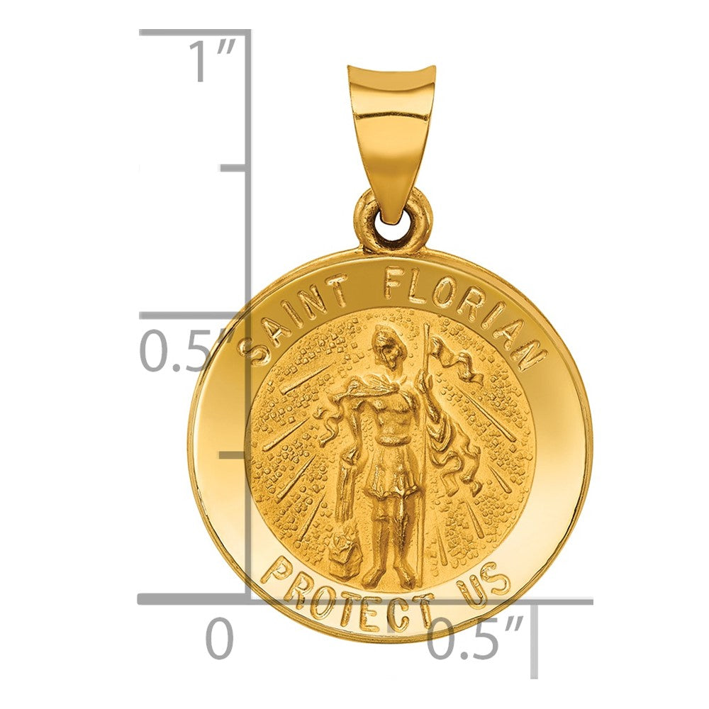 14k Polished and Satin Hollow St Florian Medal Round Pendant