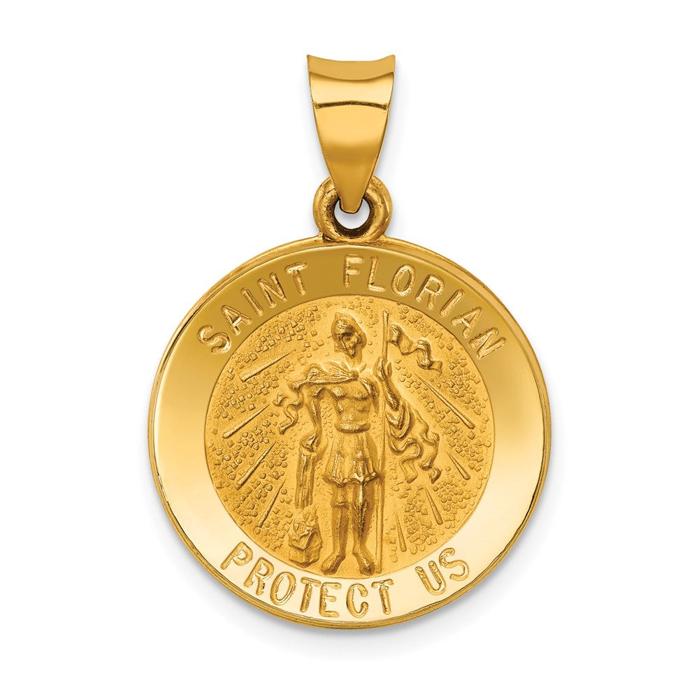 14k Polished and Satin Hollow St Florian Medal Round Pendant
