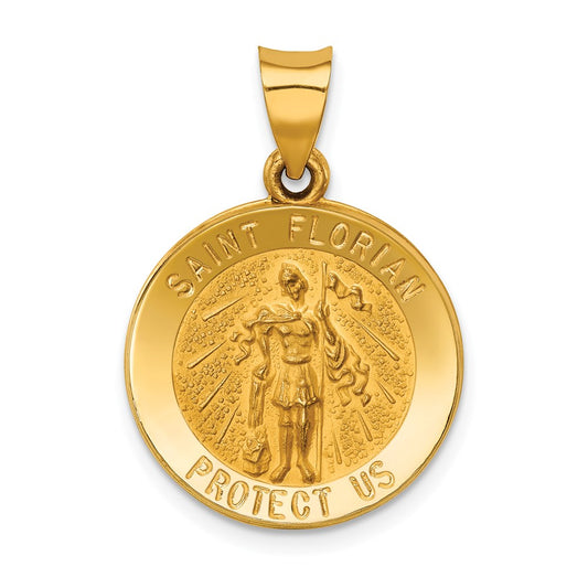 14k Polished and Satin Hollow St Florian Medal Round Pendant