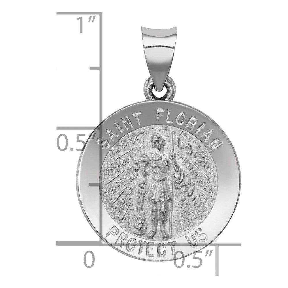 14k White Gold Polished and Satin Hollow St Florian Medal Round Pendant