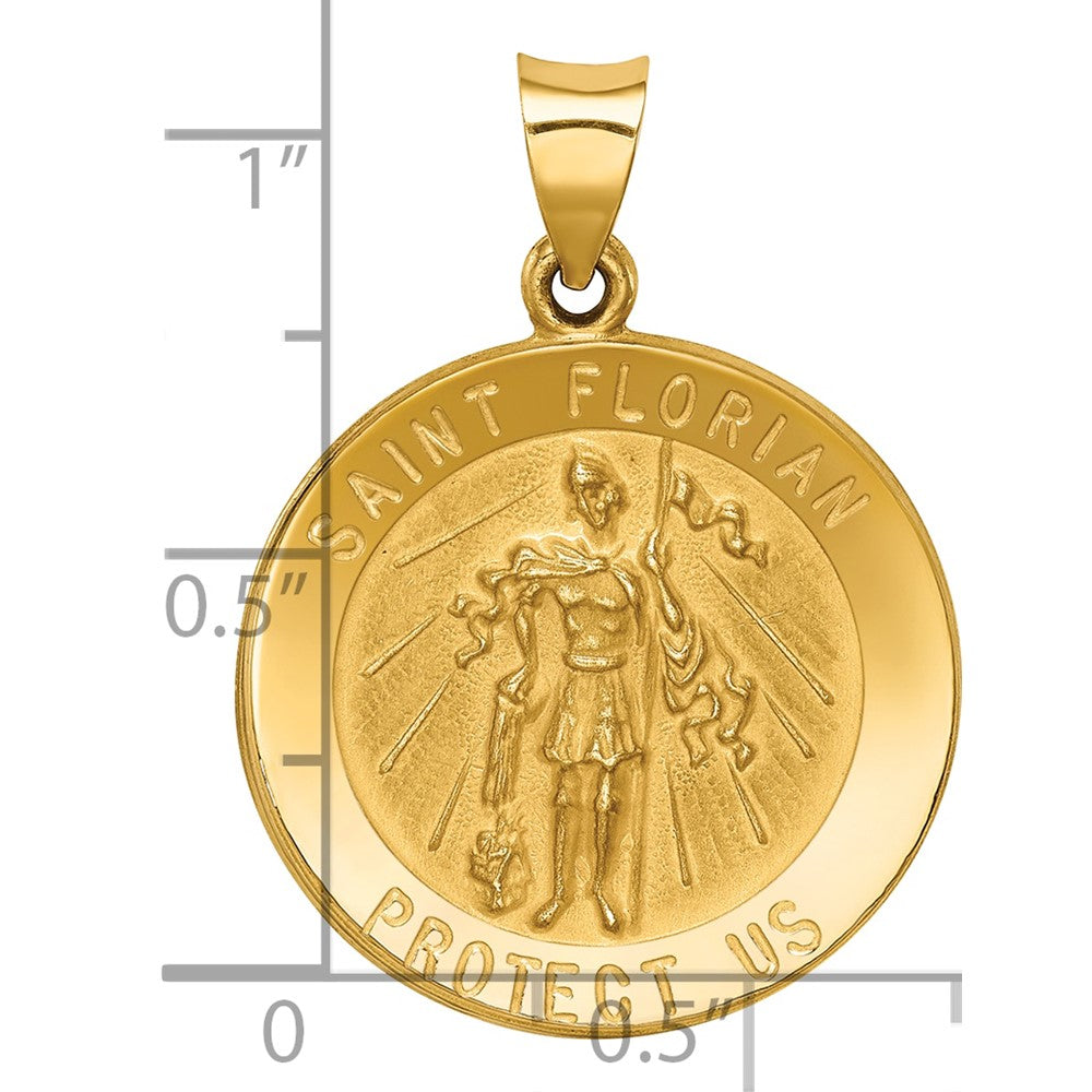 14k Polished and Satin Hollow St Florian Medal Round Pendant
