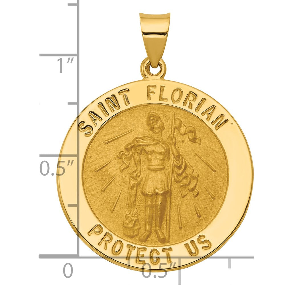 14k Polished and Satin Hollow Large St Florian Medal Round Pendant