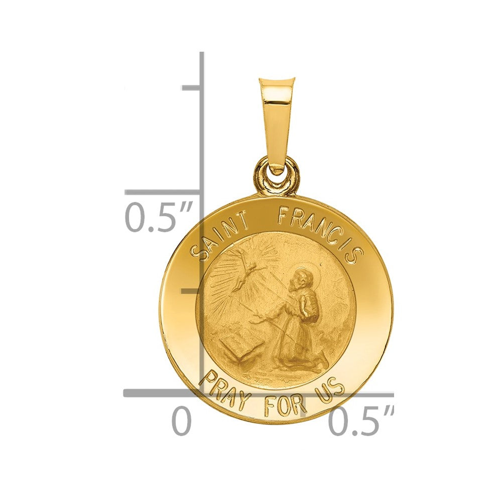 14k Polished and Satin Hollow St Francis Medal Round Pendant