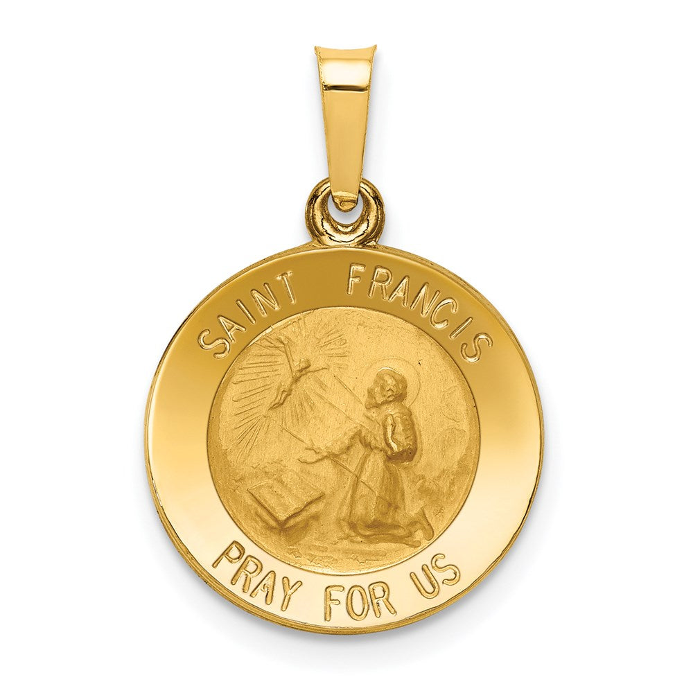 14k Polished and Satin Hollow St Francis Medal Round Pendant