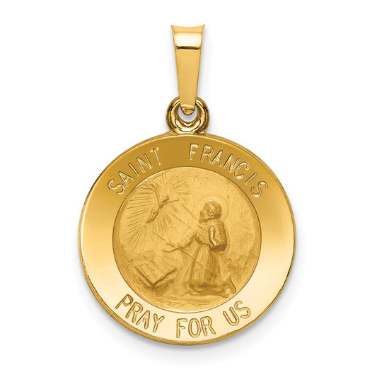 14k Polished and Satin Hollow St Francis Medal Round Pendant