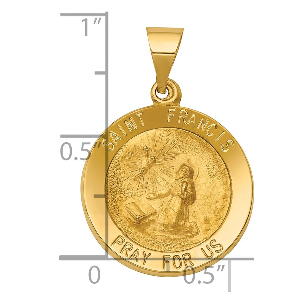 14k Polished and Satin Hollow St Francis Medal Round Pendant