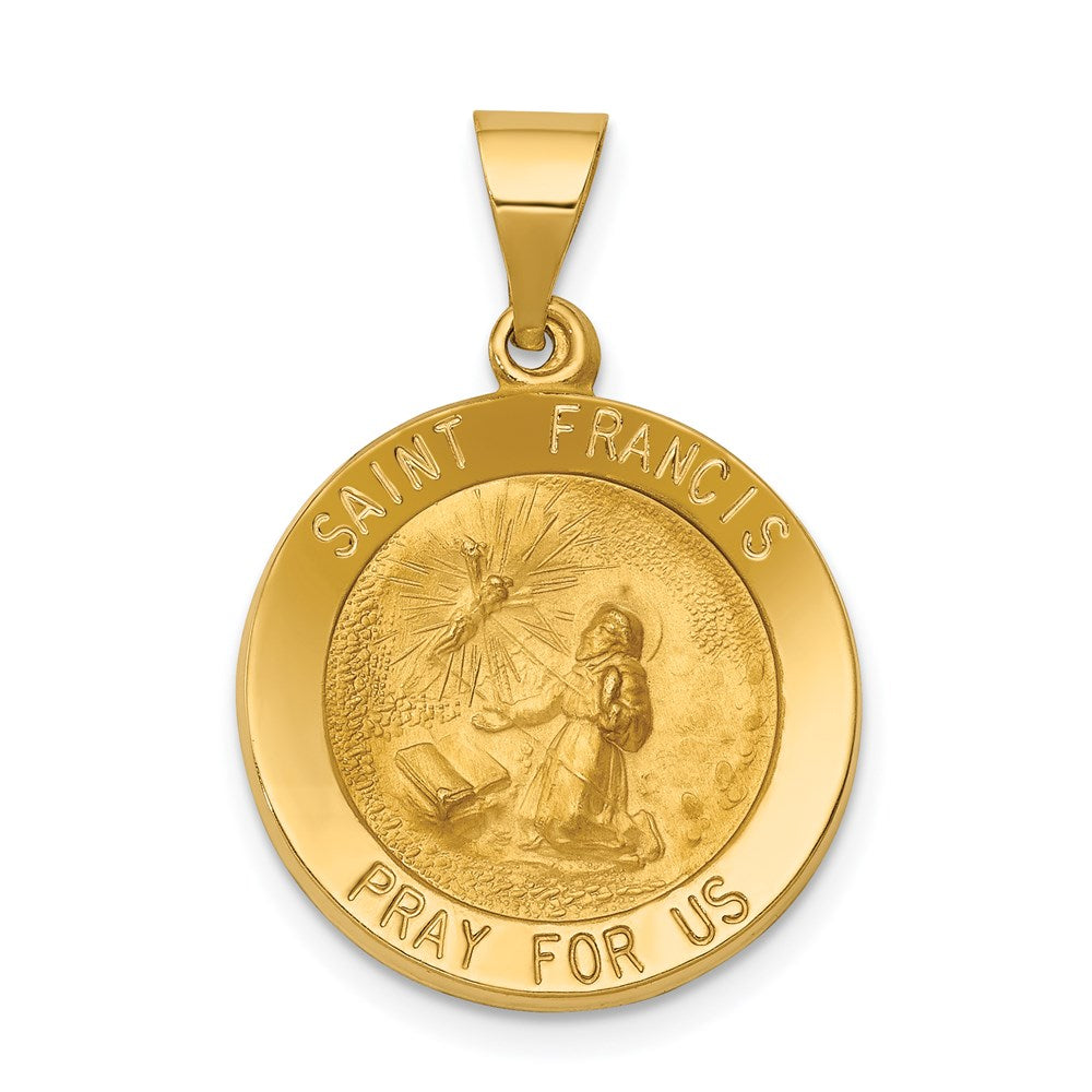 14k Polished and Satin Hollow St Francis Medal Round Pendant