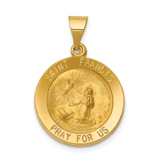 14k Polished and Satin Hollow St Francis Medal Round Pendant