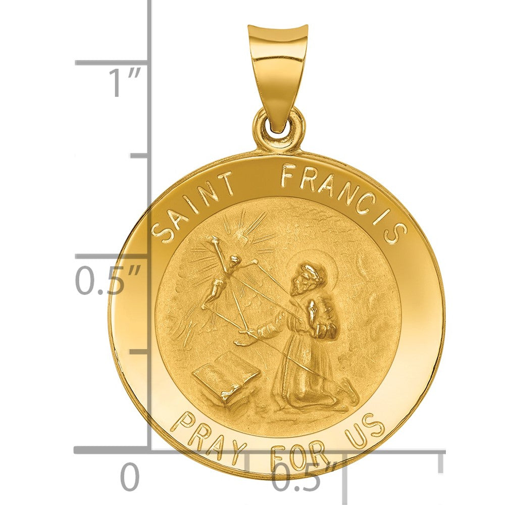 14k Polished and Satin Hollow St Francis Medal Round Pendant