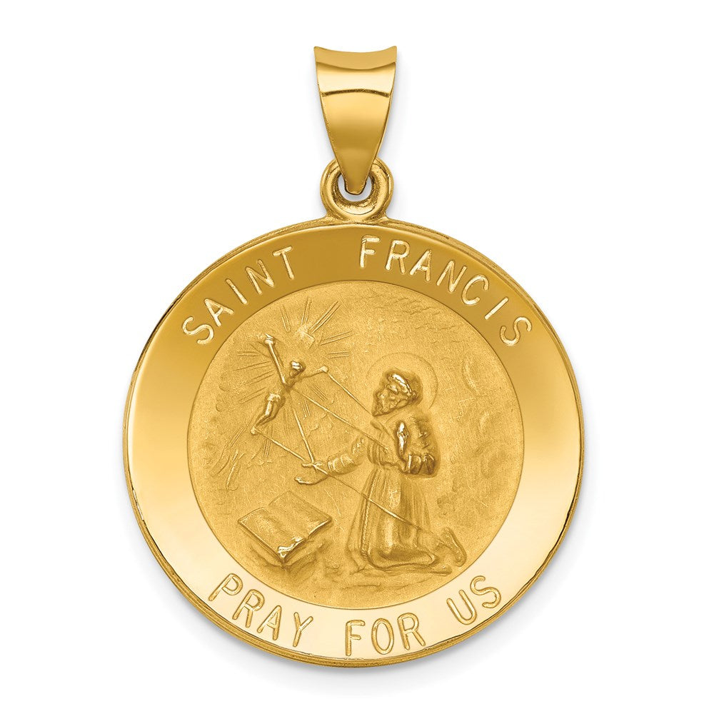 14k Polished and Satin Hollow St Francis Medal Round Pendant